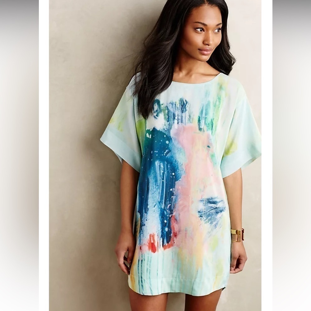 Anthropologie Maeve Claire Desjardins Watercolor Silk Tunic Shirt Dress Sz Large